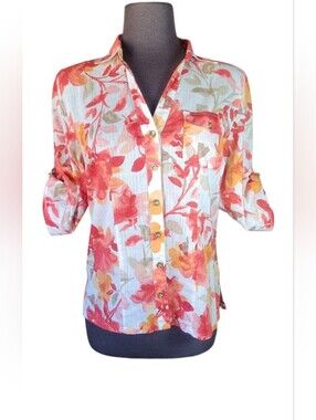 Karen Scott Floral Button-Front Roll-Sleeve Blouse - Coral/Pink